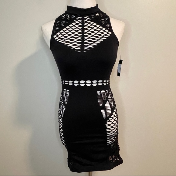 Hauty Mock Neck Fishnet Chemise Black OSFM - Picture 3 of 9